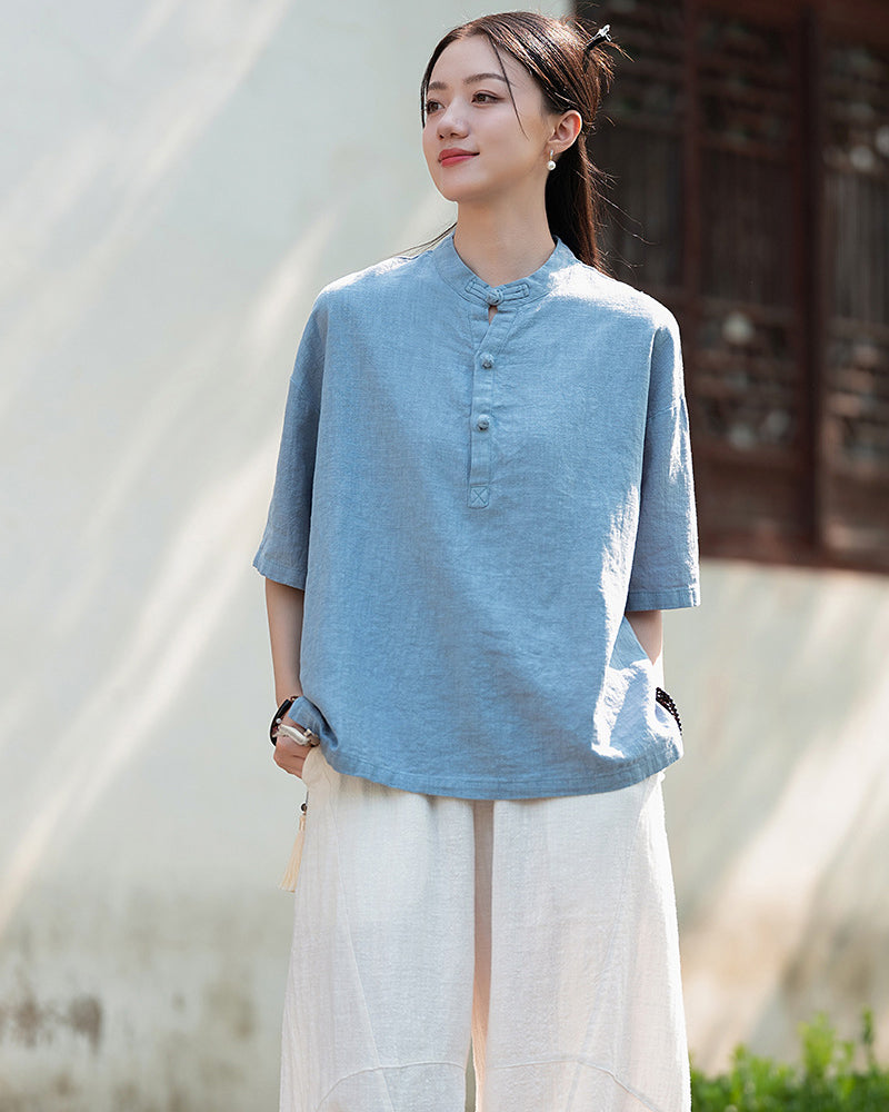 Frog button V-neck cotton  linen T-shirt, summer Chinese retro women sandwashed cotton  linen T-shirt 20240728