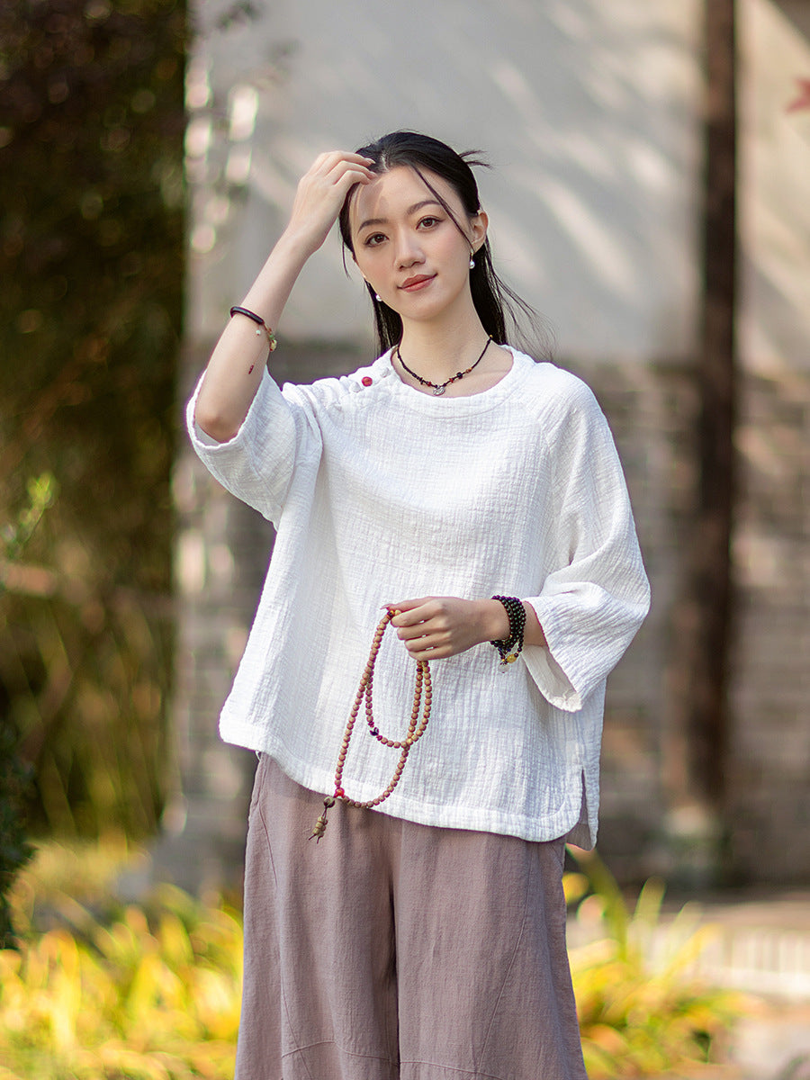 2026 Spring New Arrival: Retro-Chic Cotton-Linen Women's Round-Neck Color-Blocked Button-Down Blouse, Pullover T-Shirt