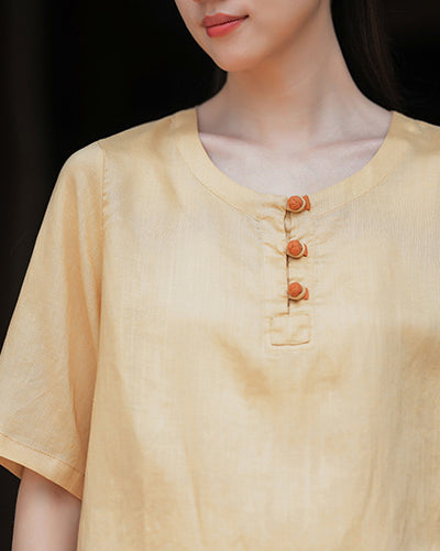 Frog Button Cotton  Linen Shirt, Summer Chinese Vintage Women Sandwashed Cotton  Linen T-shirt 20240728