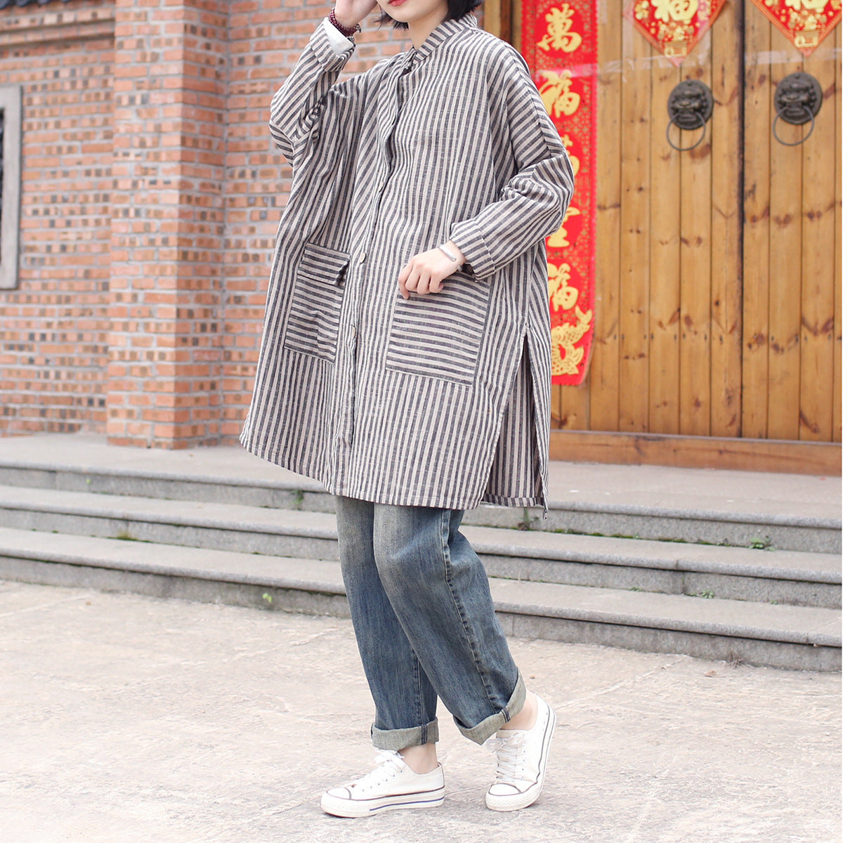 Vintage Striped Long Sleeve Cotton Linen Shirt, Loose Casual Oversize Cotton Linen Shirt 20250408