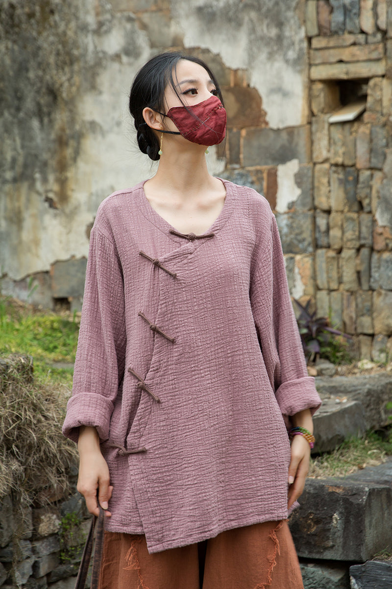 Vintage Summer Chinese Boat Collar Long Sleeve Shirt, Cotton  Linen Washed Frog Long T-Shirt 20250604