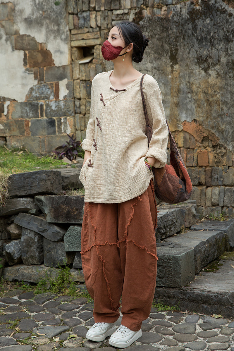 Vintage Summer Chinese Boat Collar Long Sleeve Shirt, Cotton  Linen Washed Frog Long T-Shirt 20250604