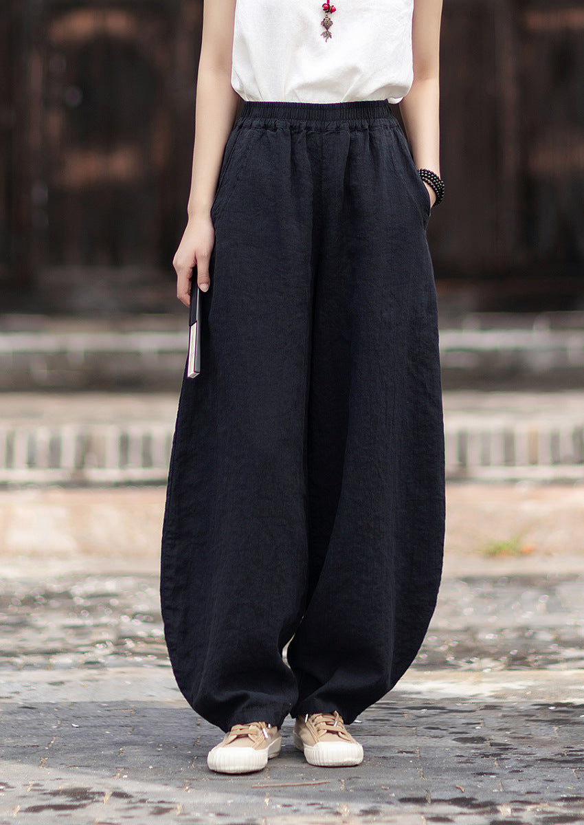 Summer Loose-Fit Zen-Inspired Boho Retro Elastic Waist Slimming Drapey Casual Pants Linen Bell-Bottom Pants 20260511