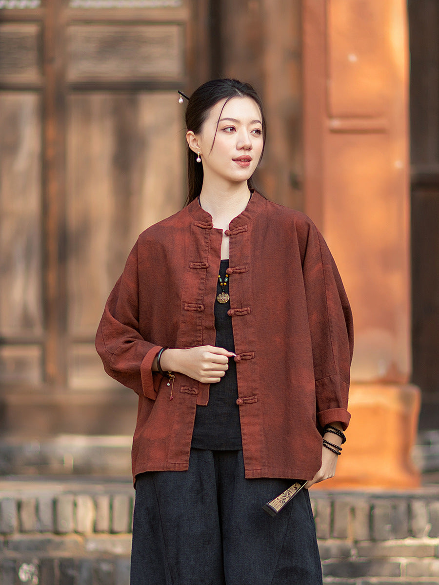 2026 Spring New Arrival: Original Cotton-Ramie Shirt for Women, Vintage Stand-Up Collar Ombré Chinese-Style Wrap-Front Cardigan