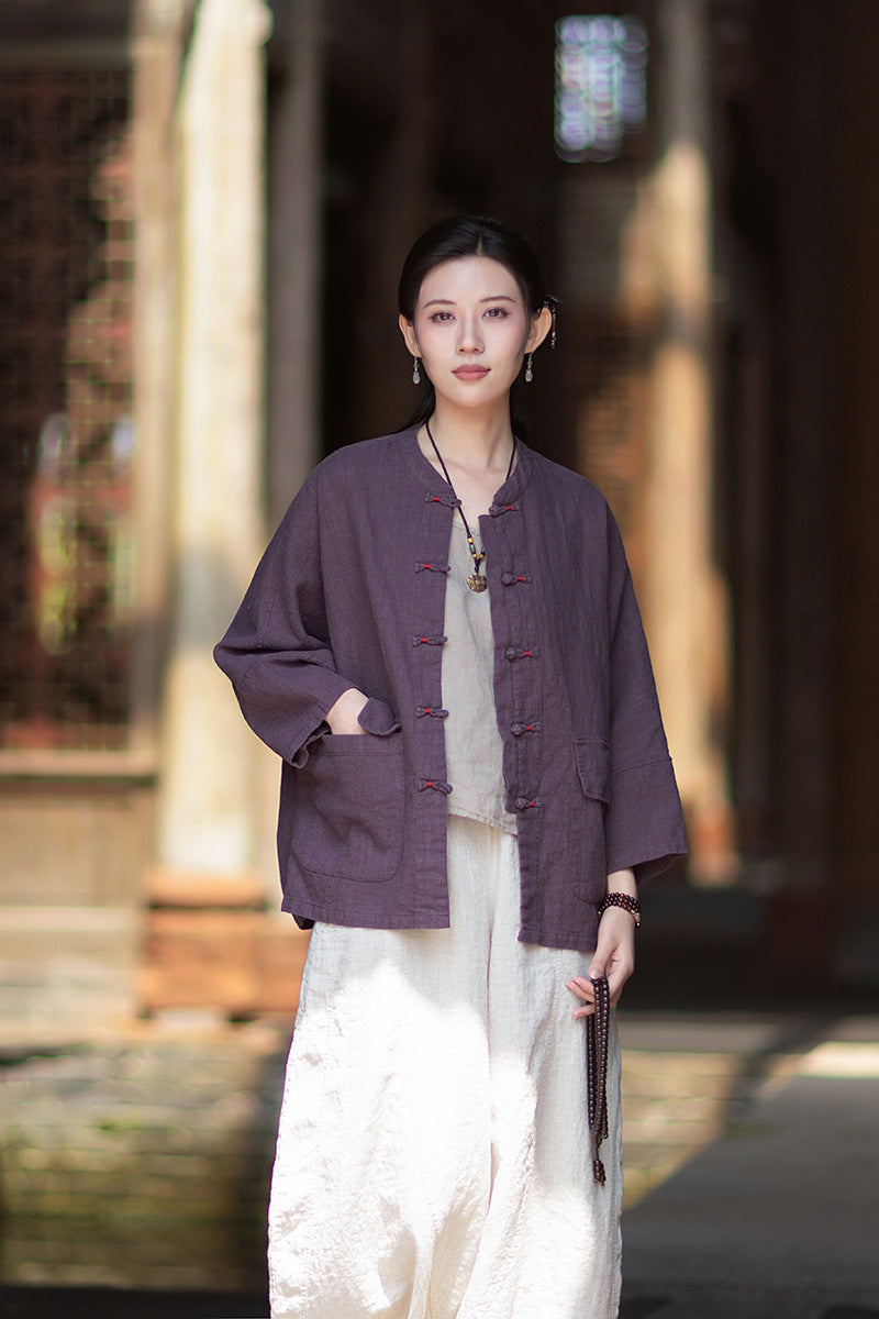 New Chinese-Style Loose-Fit Women's Shirt: Ramie Distressed Mandarin-Collared Modified Tang-Style Cardigan 20260511