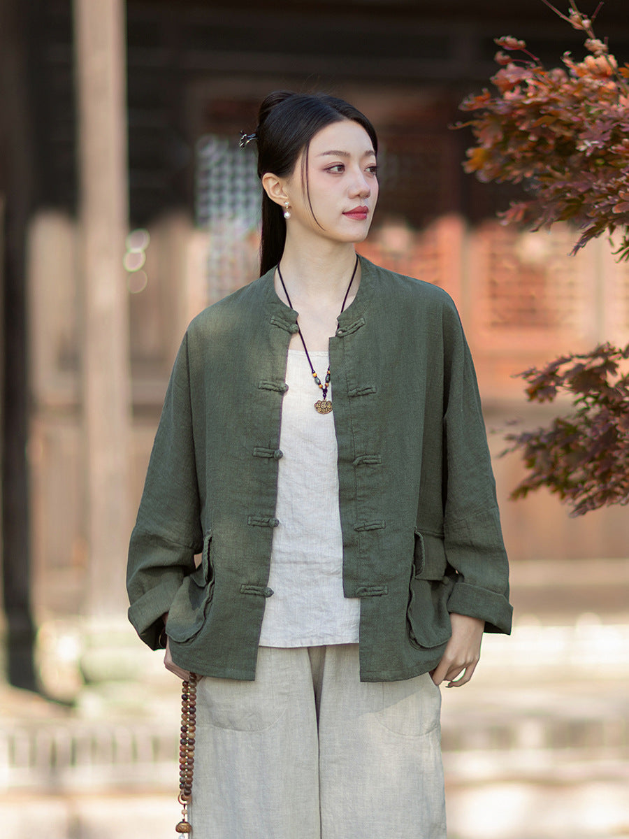 2026 Spring New Arrival: Original Vintage-Inspired Linen-Cotton Women's Cardigan, Loose-Fit Jacket with Stand-Up Collar and Button Closure