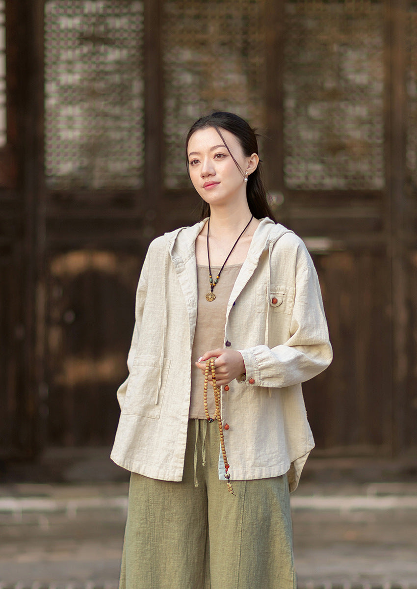 2026 Spring New Arrival: Oversized Casual Hooded Color-Blocked Button-Down Shirt, Women's Sandwashed Cotton-Linen Jacket
