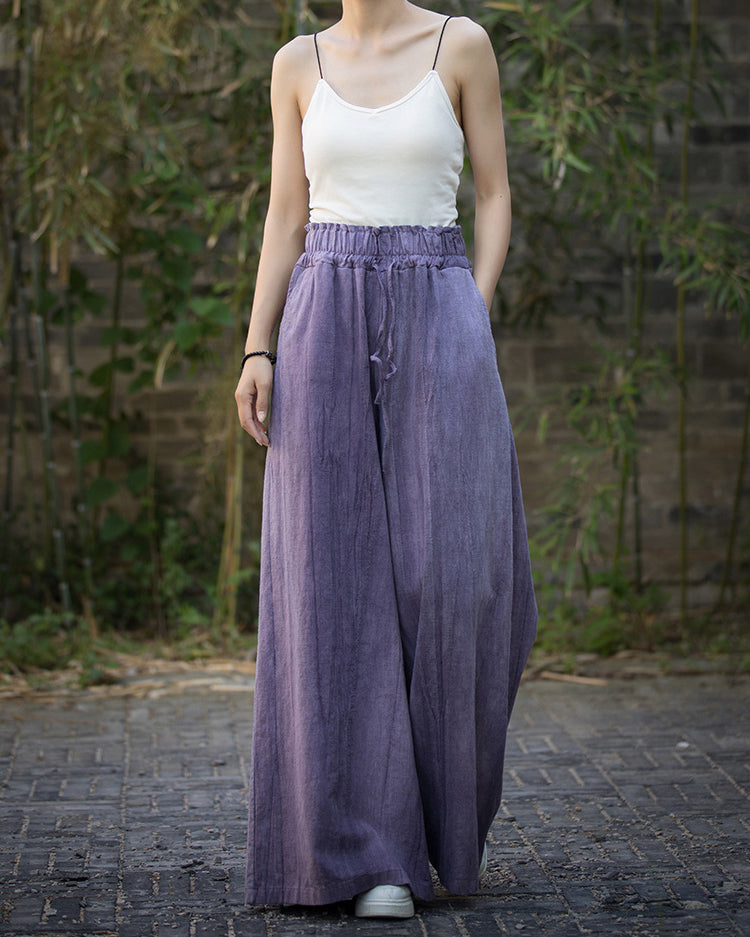 Ramie Handmade Tie-Dye Tied Mid-Waist Wide-Leg Pants, Vintage Elastic Waist Casual Trousers 20240722
