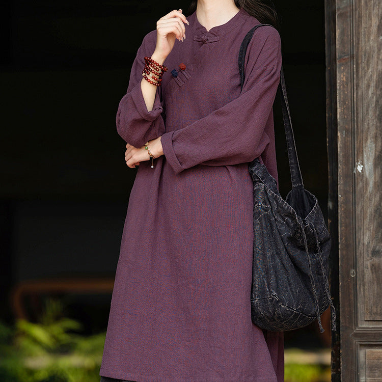 Women's Vintage Chinese Frog Button Long Sleeve Cotton and Linen Long Shirt, Standing Collar Loose Cotton and Linen Jacket 20240920
