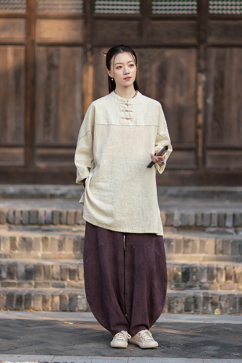 2026 Spring Retro Mandarin Collar Button-Down Cotton-Linen Blouse for Women: Chinese-Style Zen-Inspired Tea Ceremony Pullover, Ramie Stand-Up Collar Long-Sleeve Shirt