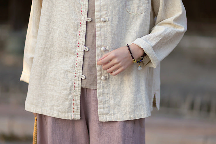 2026 Spring Cotton-Linen Women's New Chinese-Style Ramie Blouse, Loose-Fitting Cotton-Linen Button-Down Shirt with Chinese-Style Buttons, Modernized Tang-Style Jacket