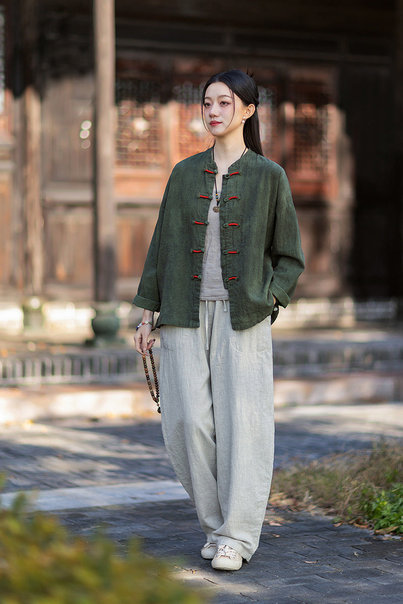 2026 Spring New Arrival: Chinese-Style Retro Double-Breasted Color-Blocked Button-Down Shirt, Women's Modernized Stand-Up Collar Ombre-Dye Tang-Style Cardigan