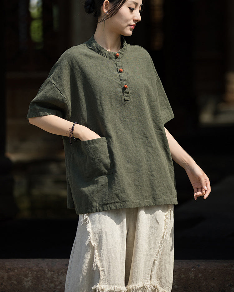 Summer Cotton Chinese t-shirt,cotton linen Washed Plate Button Women's Short Sleeve T-Shirt 20240714