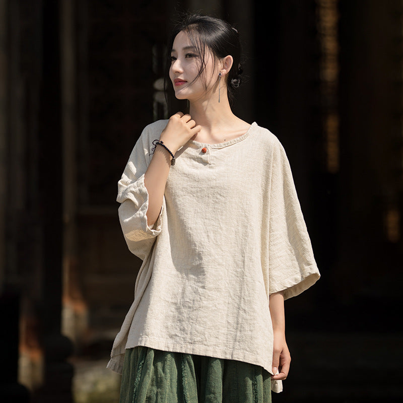 Summer Cotton Chinese t-shirt,Ramie Sand Washed Plate Button Women's Short Sleeve T-Shirt 20240714