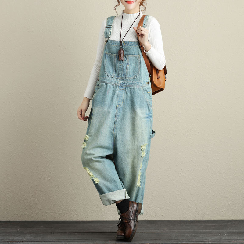 Stonewashed cotton overalls, women's denim washed overalls