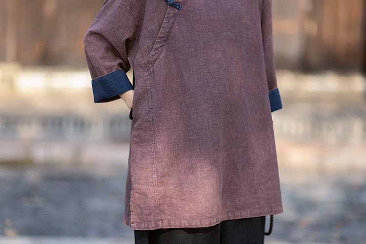2026 Spring New Arrival: Retro Cotton-Linen Chinese-Style Stand-Collar, Color-Blocked, Button-Fastened, Wrap-Front Blouse for Women – Zen Tea Attire