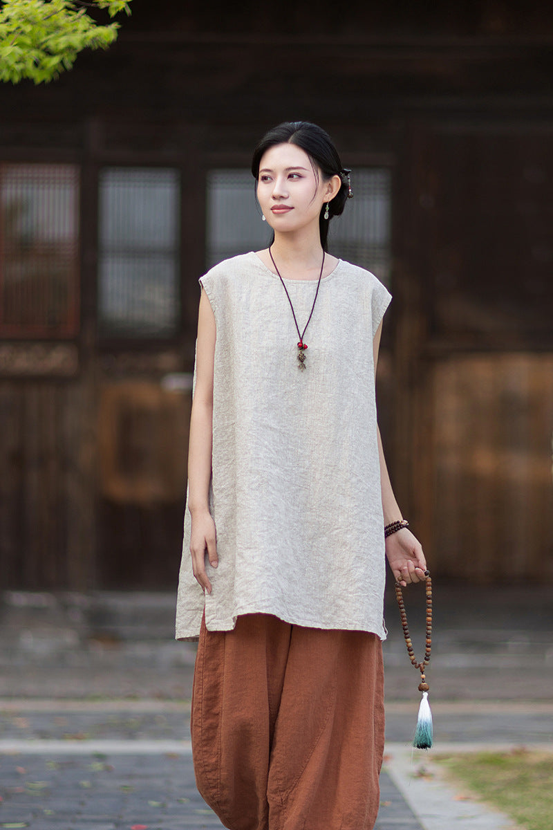 New Vintage-Style Ombré Distressed Versatile Lightweight Sleeveless Dress for Women: Round-Neck Linen Tank Dress 20260511