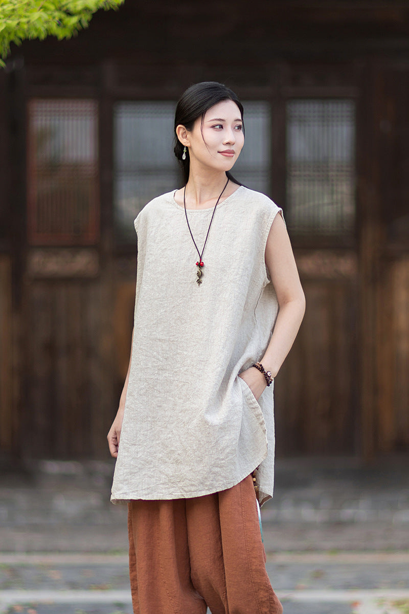New Vintage-Style Ombré Distressed Versatile Lightweight Sleeveless Dress for Women: Round-Neck Linen Tank Dress 20260511