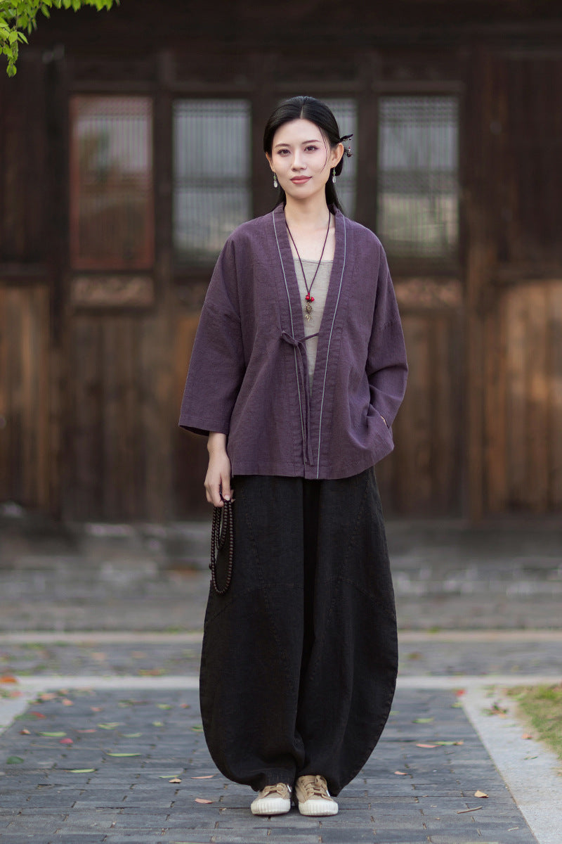 New Cotton-Linen Women's Vintage Zen-Inspired Ramie Tapered-Sleeve Tie-Front Cardigan, Loose-Fit Chinese-Style Jacket 20260511