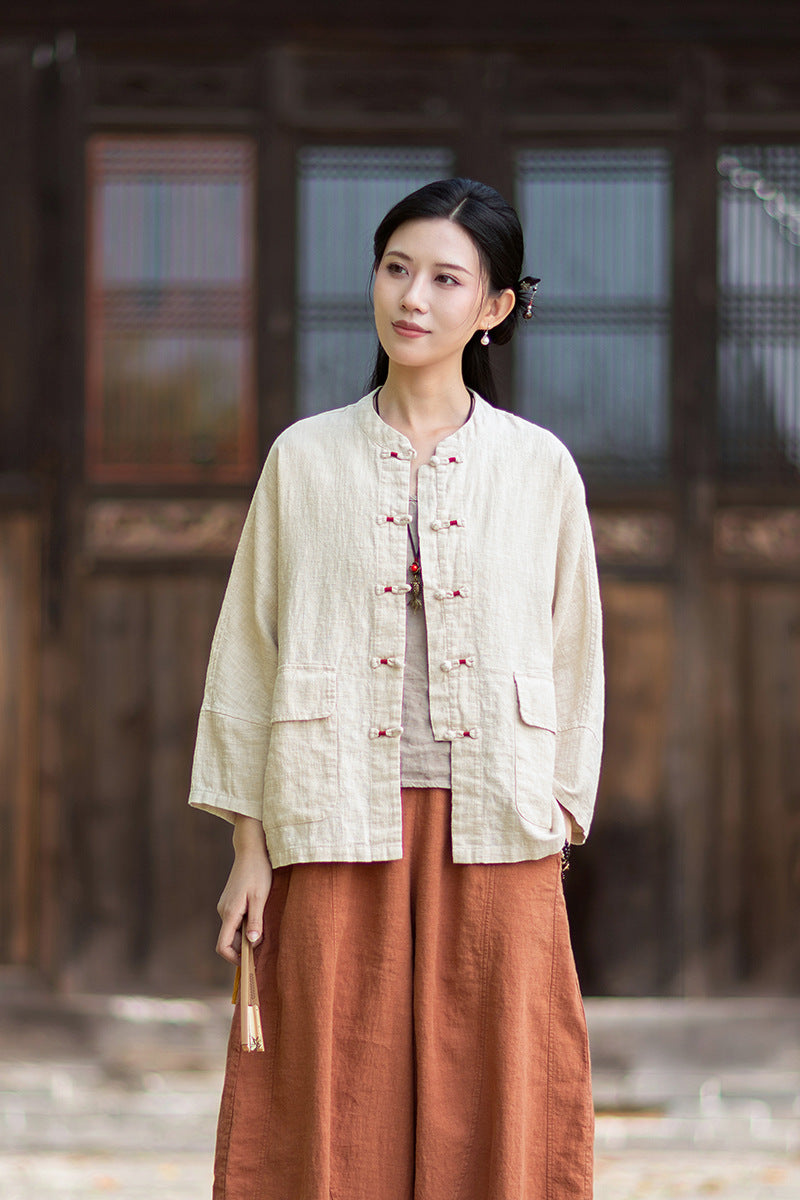 New Chinese-Style Loose-Fit Women's Shirt: Ramie Distressed Mandarin-Collared Modified Tang-Style Cardigan 20260511