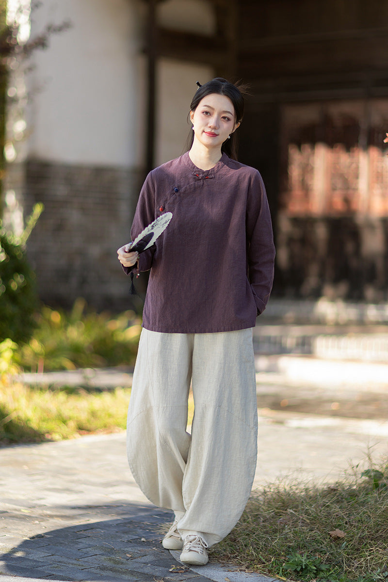 2026 Spring New Arrival: Original Cotton-Linen Women's Chinese-Style Stand-Collar Top, Tea Ceremony-Style Women's Diagonal-Placket Color-Blocked Button-Down Shirt