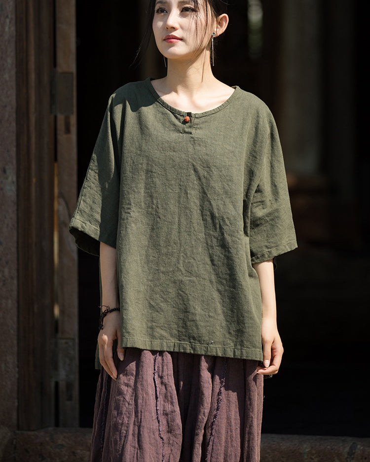 Summer Cotton Chinese t-shirt,Ramie Sand Washed Plate Button Women's Short Sleeve T-Shirt 20240714