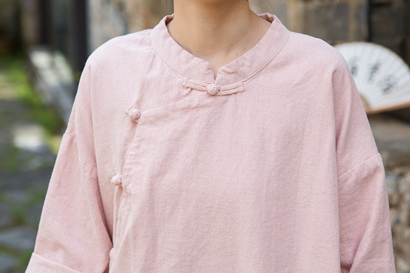 Women's summer Chinese loose frog button cheongsam, retro cotton  linen casual long shirt20250604