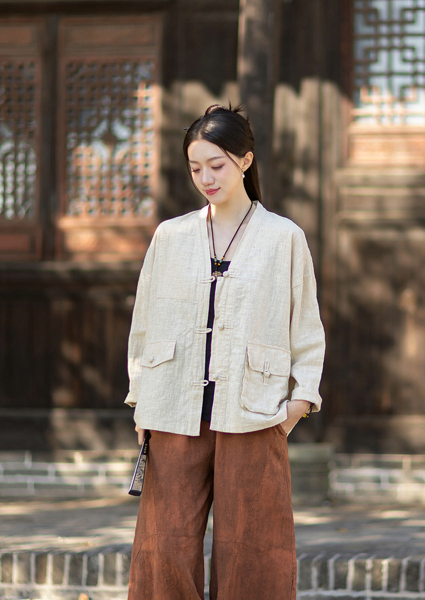 2026 Spring New Arrival: Vintage-inspired, distressed, sand-washed asymmetrical cardigan; niche-style patchwork V-neck cotton-linen jacket with button closures