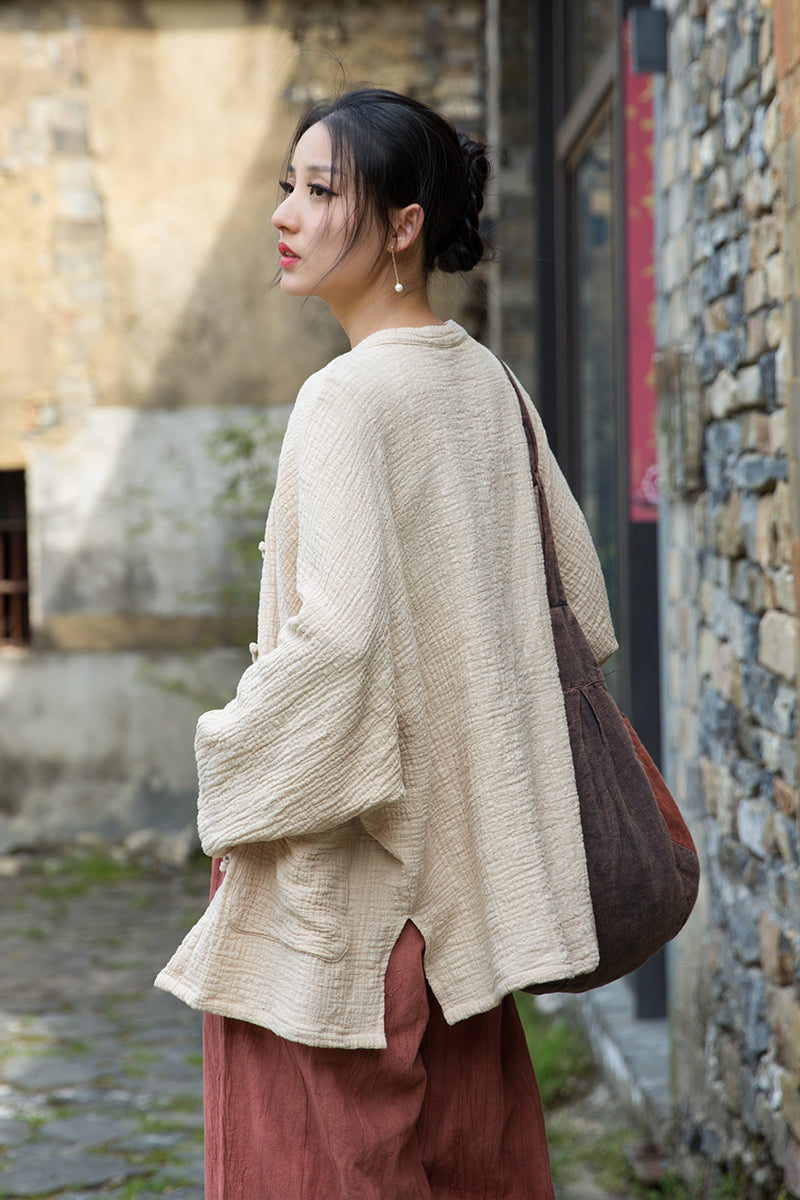 Summer Chinese loose cardigan, cotton linen washed frog long shirt 20250604