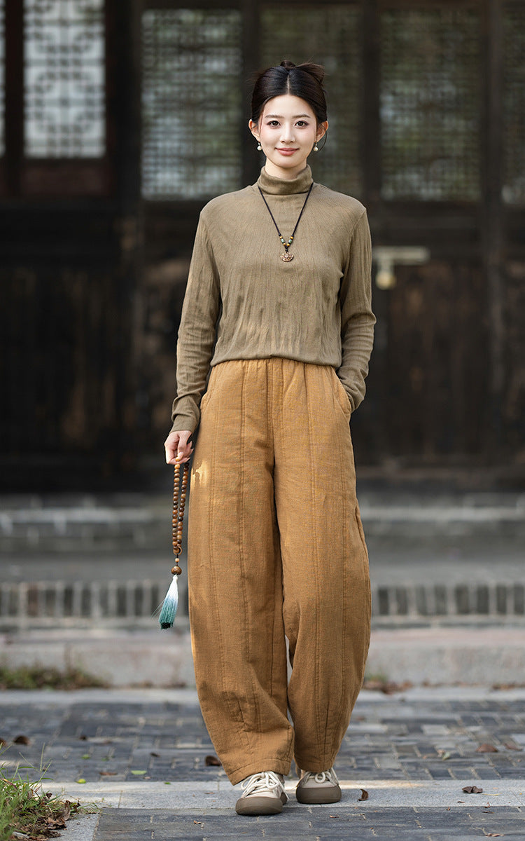 2026 Winter New Original Cotton-Linen Women's Retro, Versatile, Slimming, Elastic-Waist, Loose-Fitting, Casual, Patchwork Straight-Leg Pants