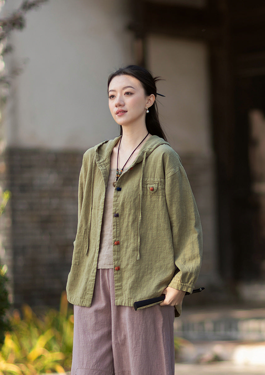 2026 Spring New Arrival: Oversized Casual Hooded Color-Blocked Button-Down Shirt, Women's Sandwashed Cotton-Linen Jacket