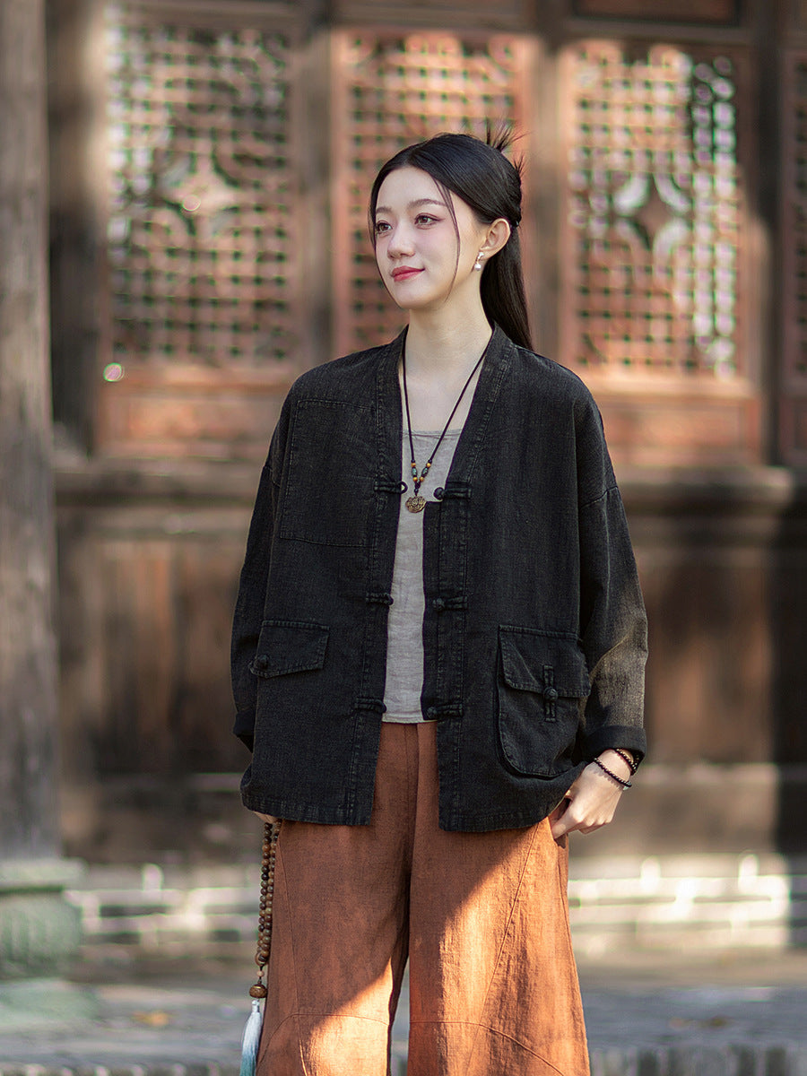 2026 Spring New Arrival: Vintage-inspired, distressed, sand-washed asymmetrical cardigan; niche-style patchwork V-neck cotton-linen jacket with button closures