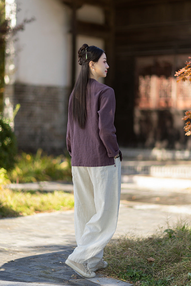 2026 Spring New Arrival: Original Cotton-Linen Women's Chinese-Style Stand-Collar Top, Tea Ceremony-Style Women's Diagonal-Placket Color-Blocked Button-Down Shirt