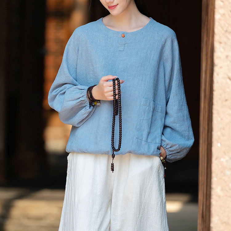 Loose long-sleeved cotton  linen T-shirt, vintage round neck cotton  linen  button top shirt 20240920