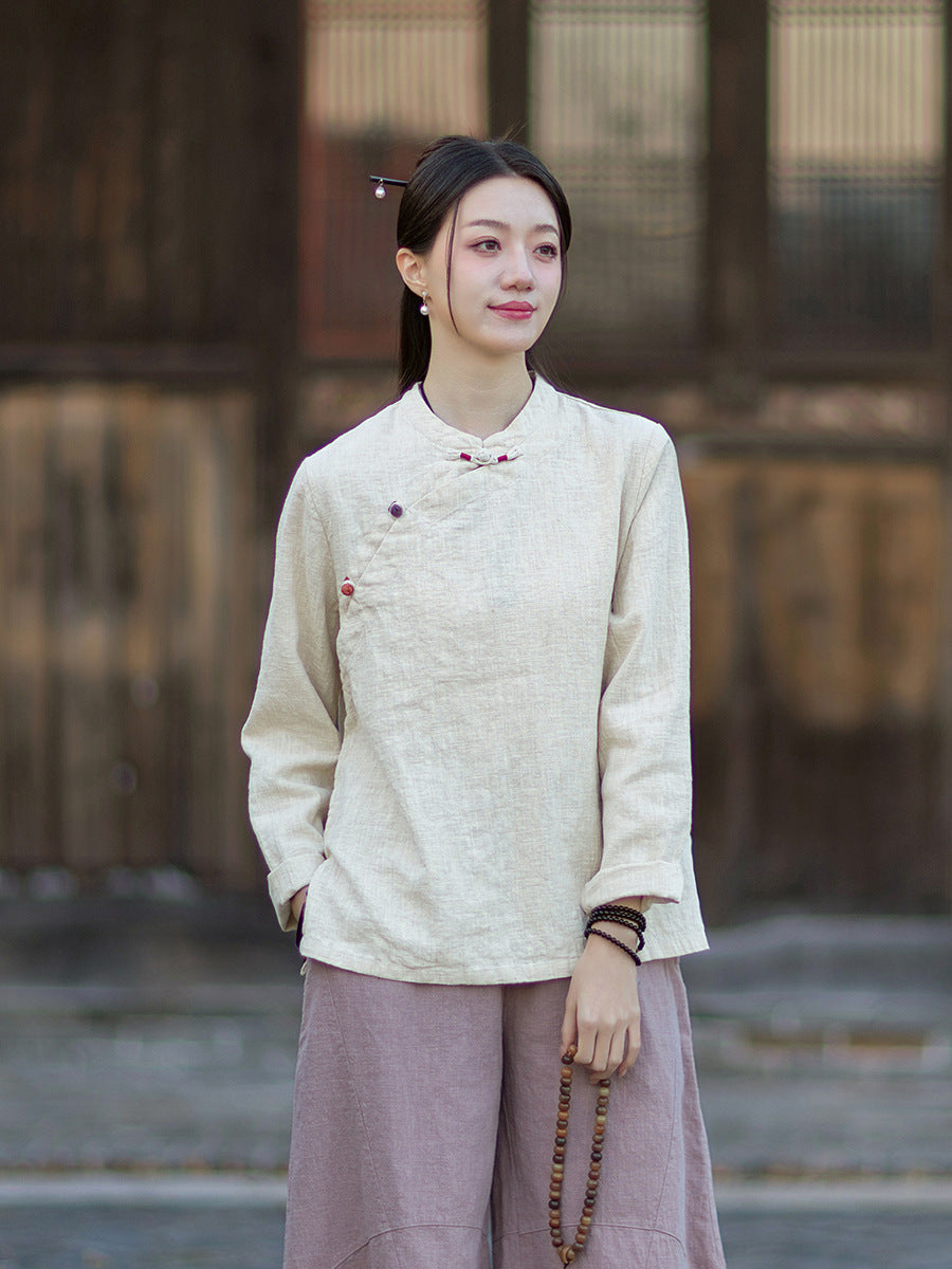 2026 Spring New Arrival: Original Cotton-Linen Women's Chinese-Style Stand-Collar Top, Tea Ceremony-Style Women's Diagonal-Placket Color-Blocked Button-Down Shirt