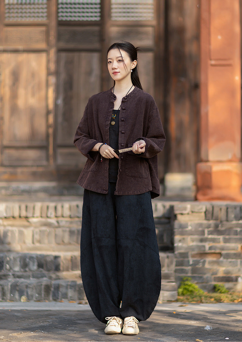 2026 Spring New Arrival: Boho-Retro Stand-Collar Distressed Double-Breasted Button-Down Cotton-Linen Blouse for Women