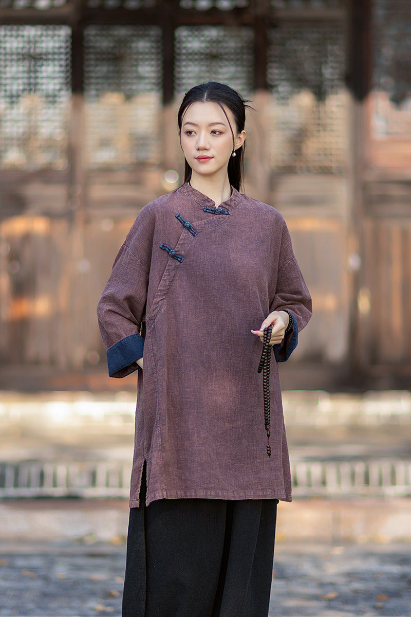 2026 Spring New Arrival: Retro Cotton-Linen Chinese-Style Stand-Collar, Color-Blocked, Button-Fastened, Wrap-Front Blouse for Women – Zen Tea Attire
