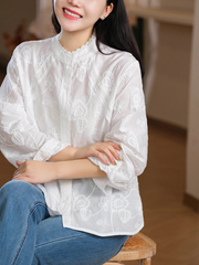 Women Summer Artsy Embroidery Cotton Shirt,Women's White Shirt with Lace Embroidery and Round Neckline