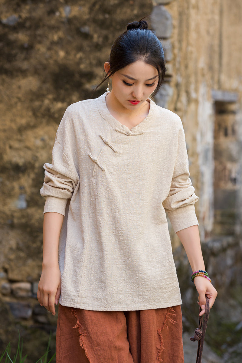 Long Sleeve Standing Collar Cotton Linen Frog Button Shirt, Vintage Chinese Casual Shirt 20250604