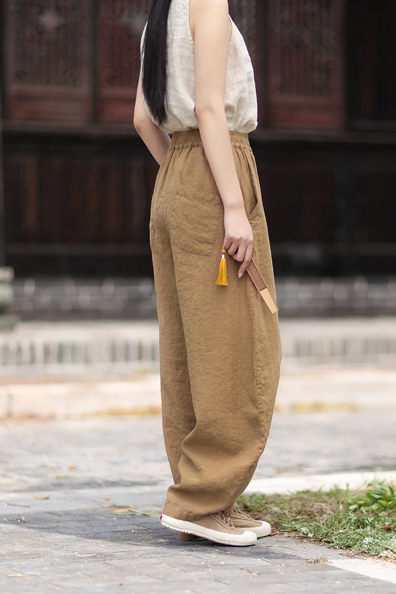 Summer Loose-Fit Zen-Inspired Boho Retro Elastic Waist Slimming Drapey Casual Pants Linen Bell-Bottom Pants 20260511