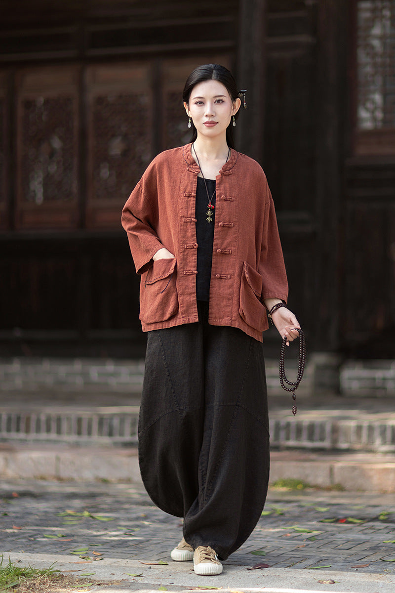 Summer New Arrival: Original Linen Hand-Knotted Button-Down Shirt with Large Pockets for Women – Vintage Distressed Jacket 20260511