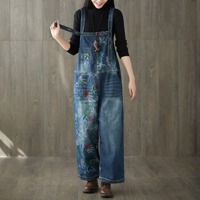 Printed Cotton Overalls,Women's Denim Overalls,Stonewashed Loose Overalls