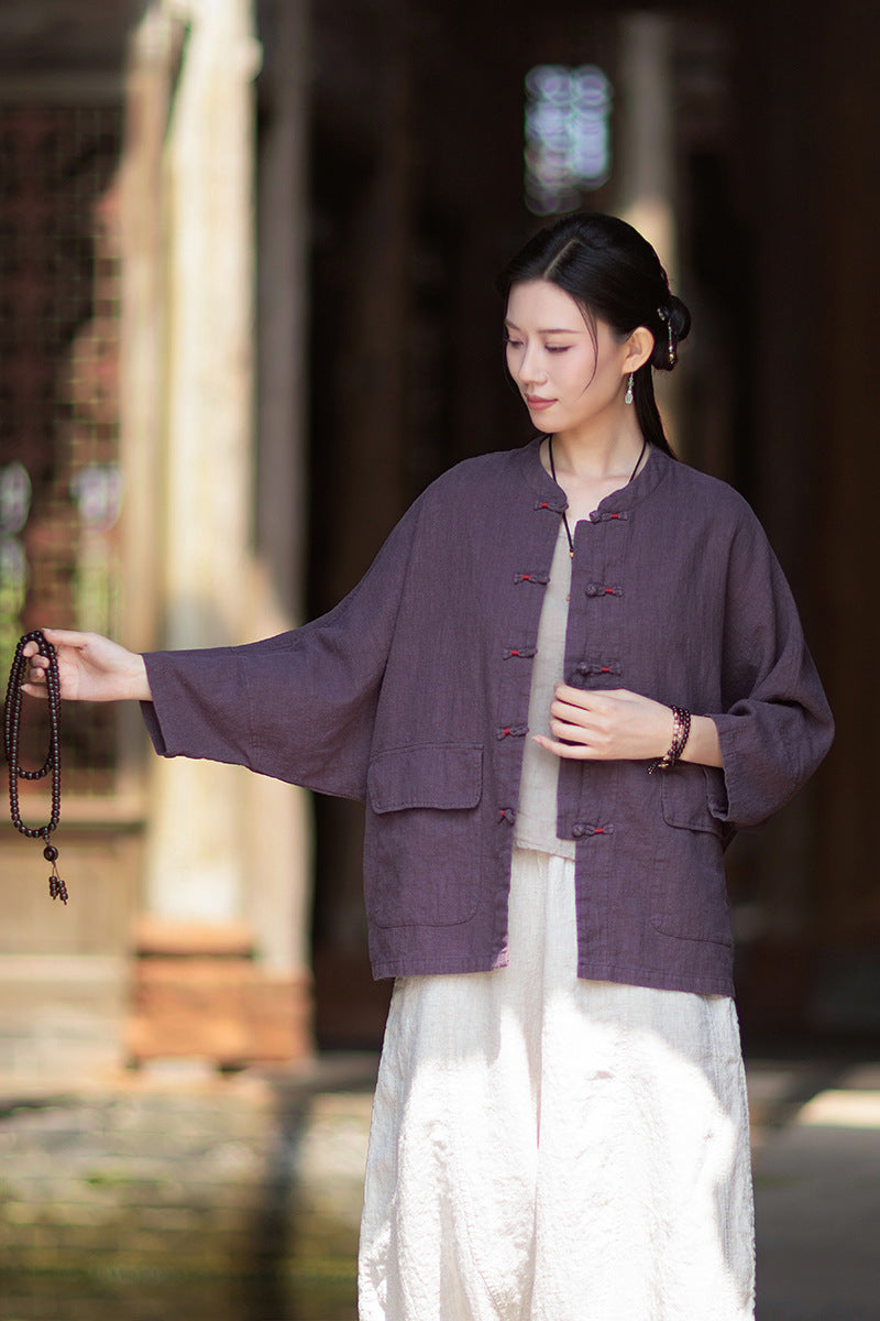 New Chinese-Style Loose-Fit Women's Shirt: Ramie Distressed Mandarin-Collared Modified Tang-Style Cardigan 20260511