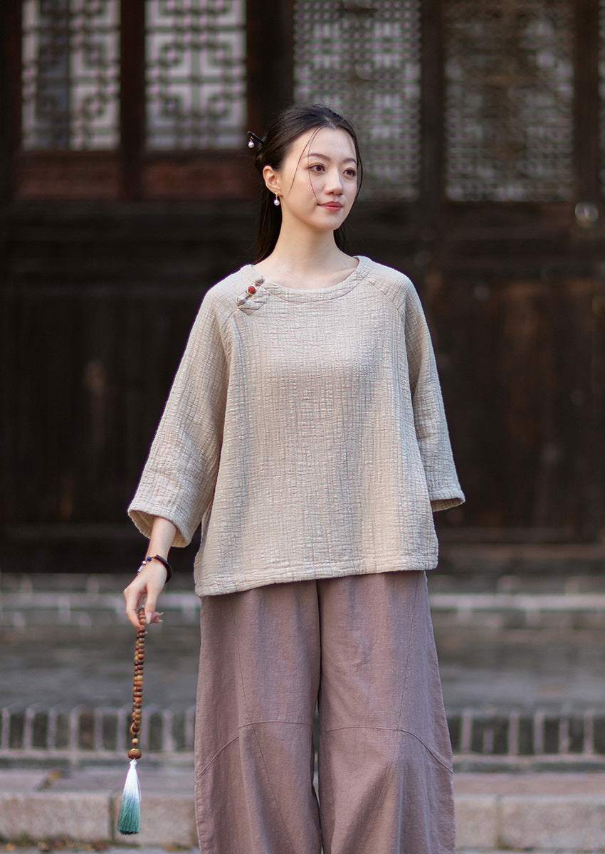 2026 Spring New Arrival: Retro-Chic Cotton-Linen Women's Round-Neck Color-Blocked Button-Down Blouse, Pullover T-Shirt