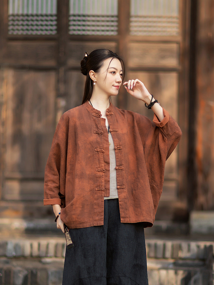 2026 Spring New Arrival: Original Cotton-Ramie Shirt for Women, Vintage Stand-Up Collar Ombré Chinese-Style Wrap-Front Cardigan