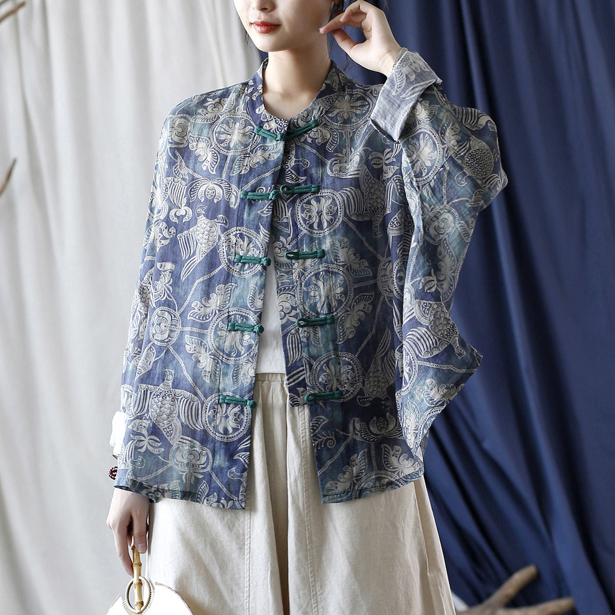 Printed Standing Collar Women Ramie Frog Button Shirt, Summer Vintage Loose Light Cardigan 20240802