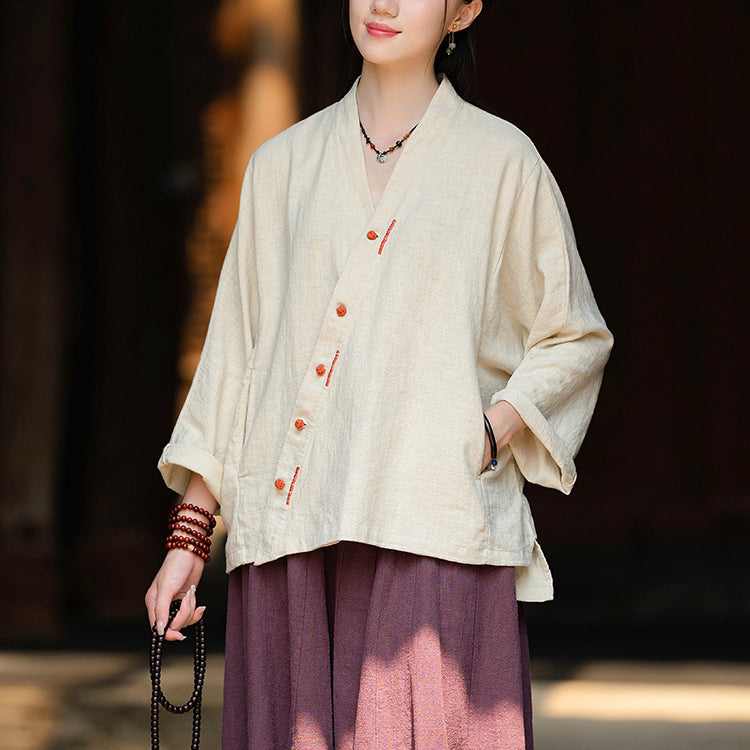 Women's Vintage Chinese Long Sleeve Cotton Linen Shirt with Embroidery V-Neck Loose Kimono 20240920