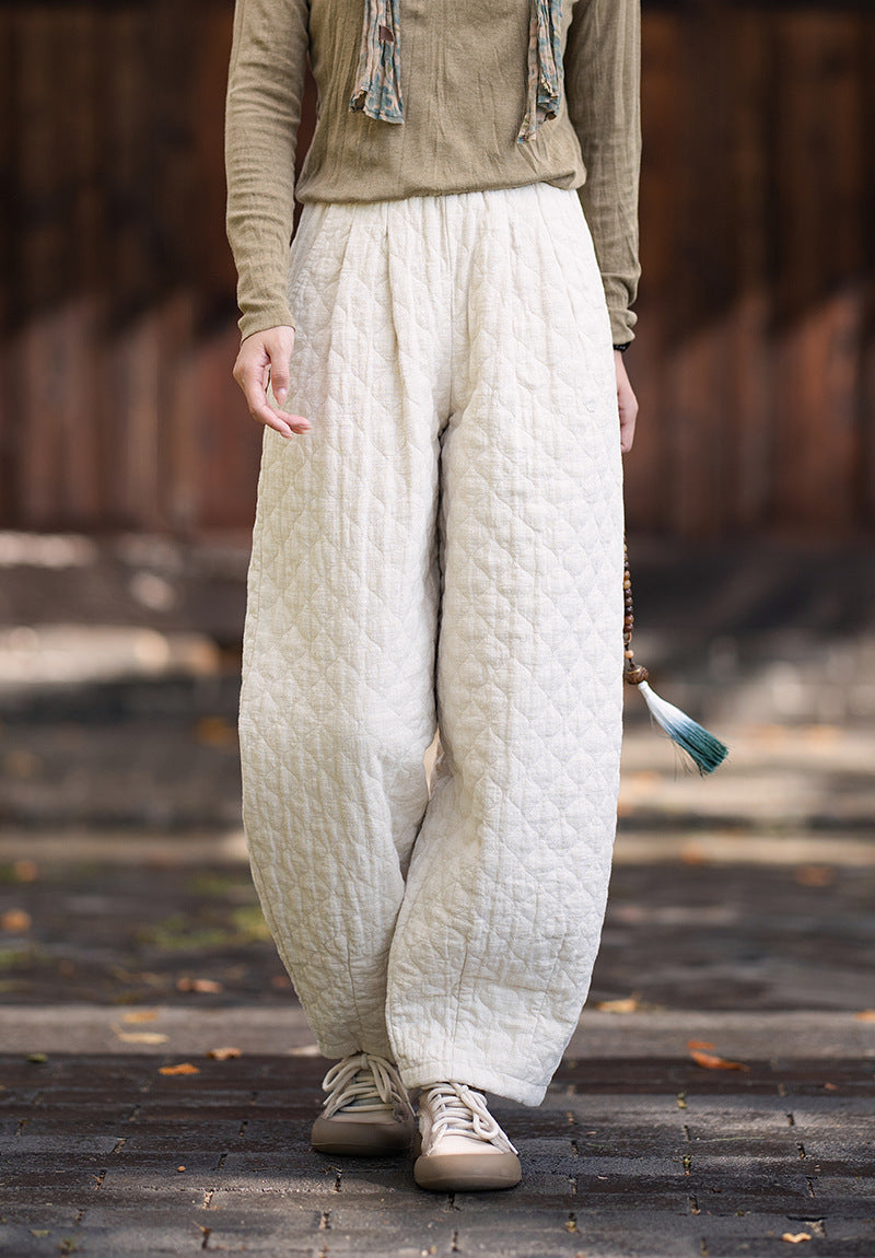 2026 Winter New Arrival: Artistic, Retro, and Zen-Inspired Women's Cotton-Padded Pants for Outdoor Wear—Warm, Cold-Resistant, with Elastic Waist and Bell-Bottom Design