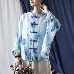 Printed Standing Collar Women Ramie Frog Button Shirt, Summer Vintage Loose Light Cardigan 20240802