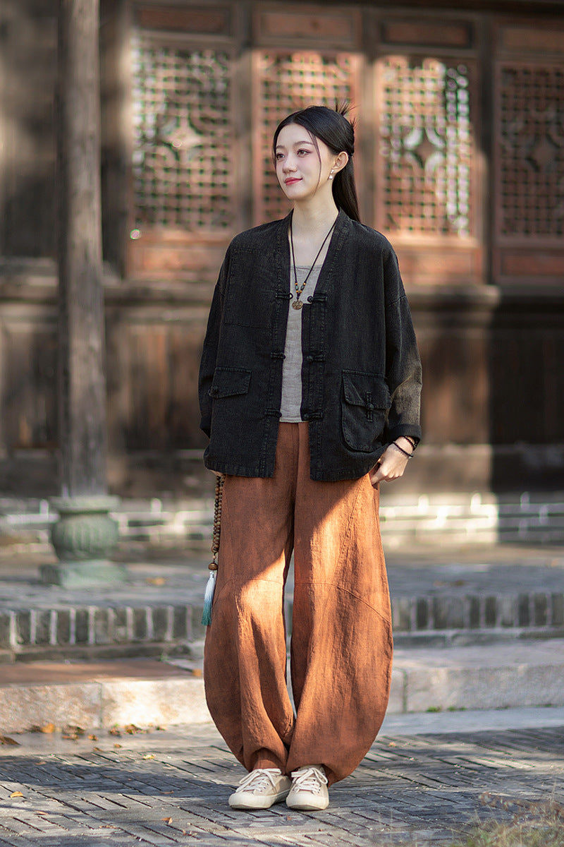 2026 Spring New Arrival: Vintage-inspired, distressed, sand-washed asymmetrical cardigan; niche-style patchwork V-neck cotton-linen jacket with button closures